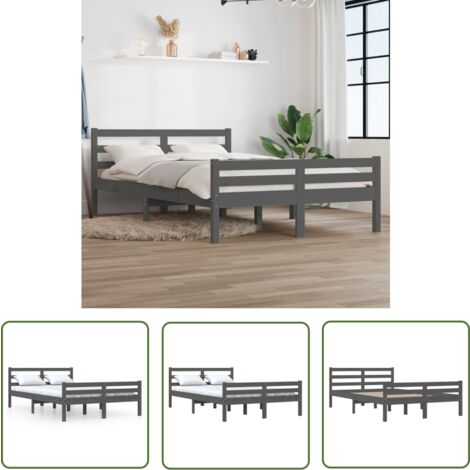 The Living Store Cadre de lit sans matelas gris bois massif 150x200 cm - Cadre De Lit - Lit Double - Lit En Bois - Bois Massif - Design Moderne