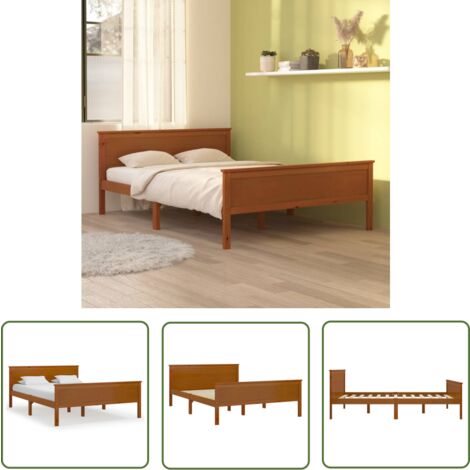 The Living Store Cadre de lit sans matelas marron miel pin massif 120x200 cm - Cadre De Lit - Lit Double - Bois De Pin - Meuble Chambre - Literie