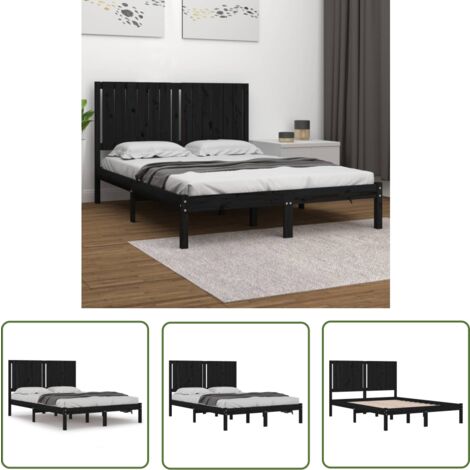 The Living Store Cadre de lit sans matelas noir 140x190 cm bois de pin massif - Cadre De Lit - Lit Double - Lit En Bois - Lit Design - Literie