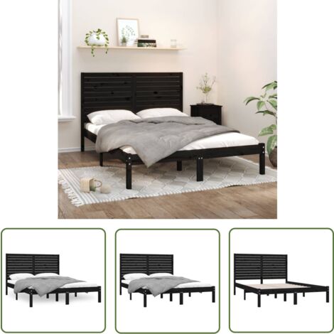 The Living Store Cadre de lit sans matelas noir 150x200 cm bois massif - Cadre De Lit - Lit Double - Lit En Bois - Lit Massif - Tête De Lit