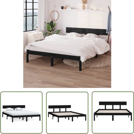 The Living Store Cadre de lit sans matelas noir bois massif 160x200 cm - Cadre De Lit - Lit Double - Lit En Bois - Lit Noir - Meuble Chambre