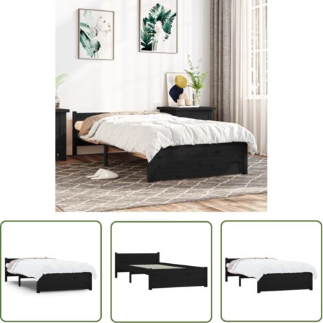 The Living Store Cadre de lit sans matelas noir bois massif 90x200 cm - Cadre De Lit - Lit Simple - Lit En Bois - Bois Massif - Tête De Lit