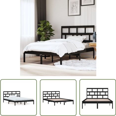 The Living Store Cadre de lit sans matelas noir bois massif - Cadre De Lit - Lit Double - Lit En Bois - Lit Design - Literie