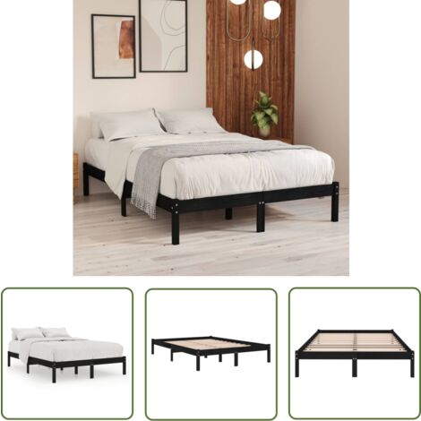 The Living Store Cadre de lit sans matelas noir bois massif - Cadre De Lit - Lit Double - Lit En Bois - Meubles De Chambre - Décoration Intérieure