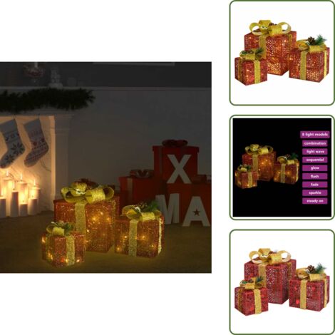 The Living Store Caja regalo decorativa Navidad 3 pzas rojo exterior/interior - Luces LED