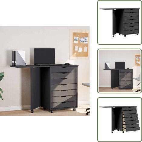 The Living Store Cajonera con ruedas y escritorio MOSS madera maciza pino gris - Escritorio plegable