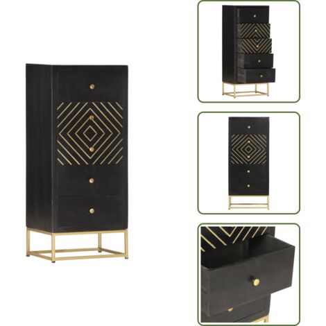 The Living Store Cajonera de madera maciza de mango negro y dorado 45x30x105 cm - Cajón