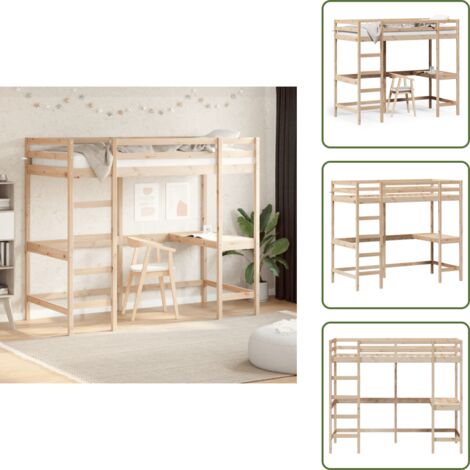 The Living Store Cama alta con escritorio madera maciza de pino 90x200 cm - Madera maciza de pino