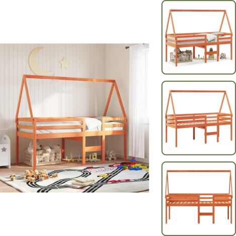 The Living Store Cama alta con techo madera maciza de pino marrón cera 75x190 cm - Cama con techo