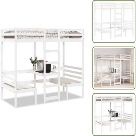 The Living Store Cama alta escritorio y asientos madera maciza blanco 75x190 cm - Escritorio