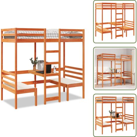The Living Store Cama alta escritorio y estantes madera maciza marrón 90x200 cm - Escritorio