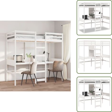 The Living Store Cama alta sin colchón madera maciza de pino blanco 75x190 cm - Cama con escritorio