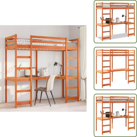 The Living Store Cama alta sin colchón madera maciza pino marrón cera 75x190 cm - Cama con escritorio