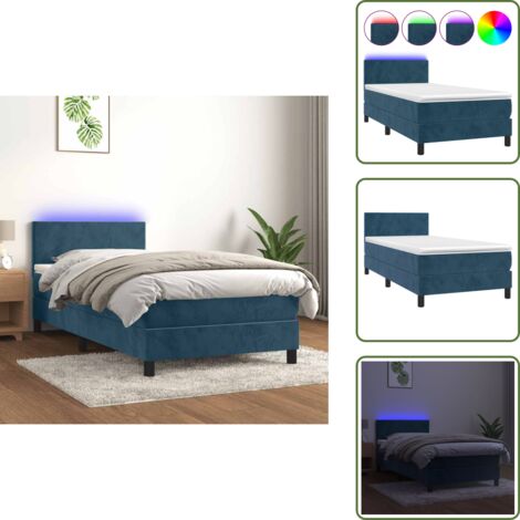 The Living Store Cama box spring colchón y LED terciopelo azul oscuro 100x200 cm - Colchón LED