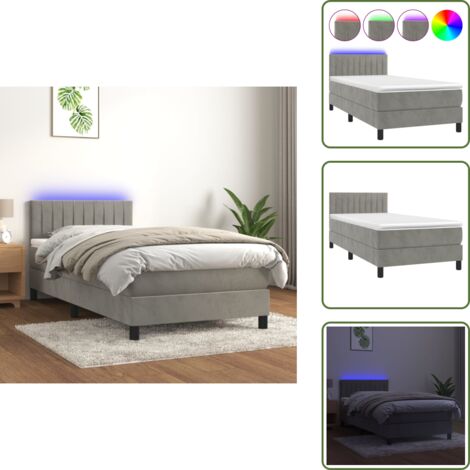 The Living Store Cama box spring colchón y LED terciopelo gris claro 100x200 cm - Colchón con LED