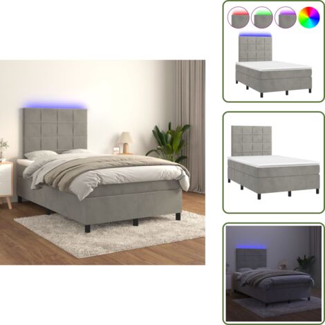 The Living Store Cama box spring colchón y LED terciopelo gris claro 120x200 cm - Cama box spring