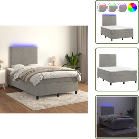 The Living Store Cama box spring colchón y LED terciopelo gris claro 120x200 cm - Cama con cabecero ajustable