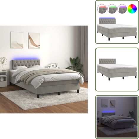 The Living Store Cama box spring colchón y LED terciopelo gris claro 120x200 cm - Cama con luz LED