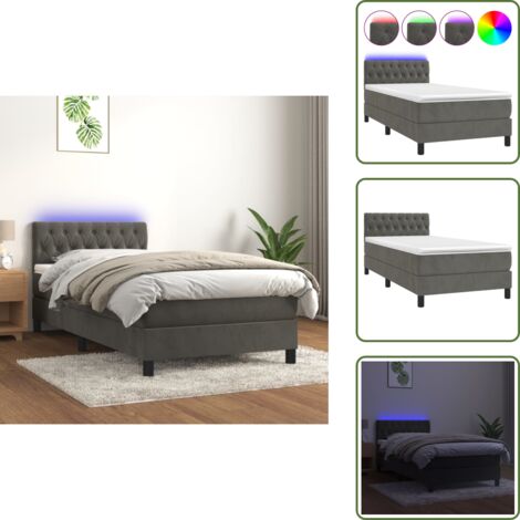 The Living Store Cama box spring colchón y LED terciopelo gris oscuro 100x200 cm - Cama box spring