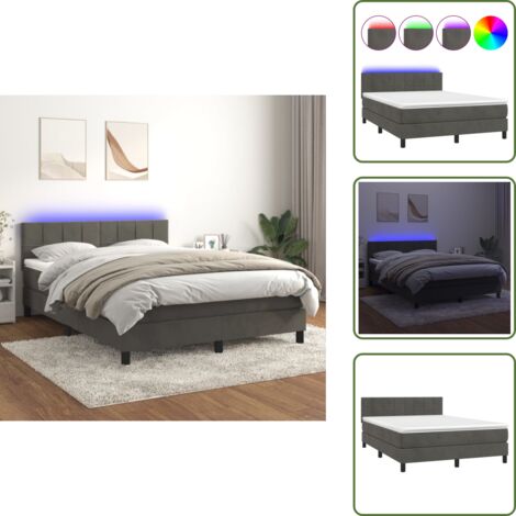 The Living Store Cama box spring colchón y LED terciopelo gris oscuro 140x190 cm - Colchón con LED