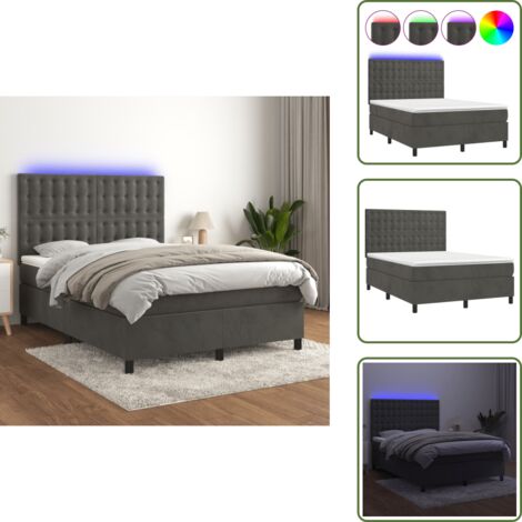 The Living Store Cama box spring colchón y LED terciopelo gris oscuro 140x190 cm - Colchón LED