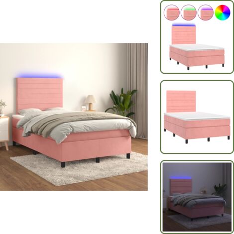 The Living Store Cama box spring colchón y LED terciopelo rosa 120x200 cm - Cama box spring