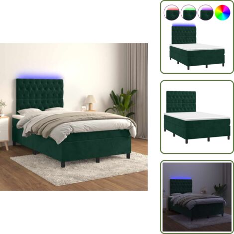 The Living Store Cama box spring colchón y LED terciopelo verde oscuro 120x200cm - Colchón LED