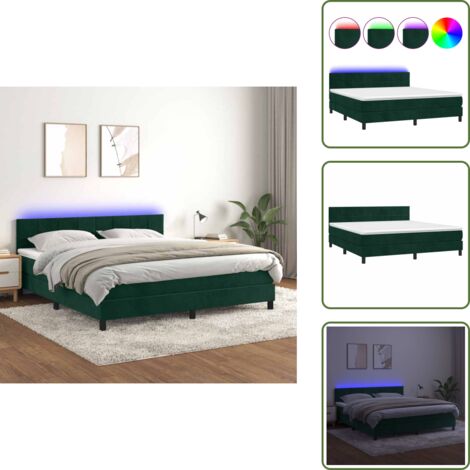 The Living Store Cama box spring colchón y LED terciopelo verde oscuro 180x200cm - Cama box spring