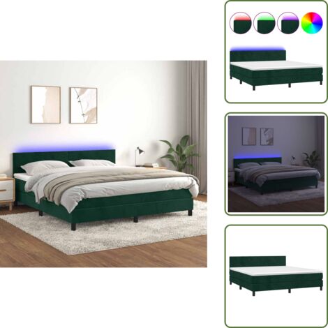 The Living Store Cama box spring colchón y LED terciopelo verde oscuro 180x200cm - Cama box spring
