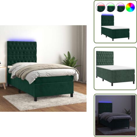 The Living Store Cama box spring colchón y LED terciopelo verde oscuro 90x200 cm - Cama box spring