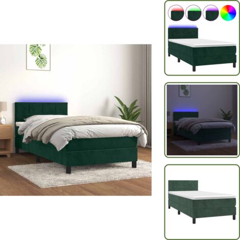 The Living Store Cama box spring colchón y LED terciopelo verde oscuro 90x200 cm - Colchón con LED