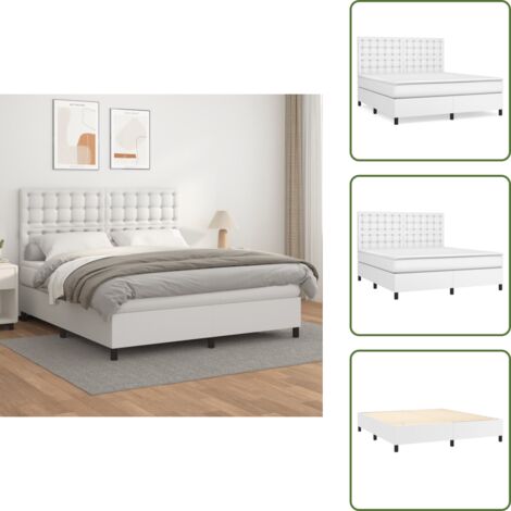 The Living Store Cama box spring con colchón cuero sintético blanco 160x200 cm - Colchón de muelles