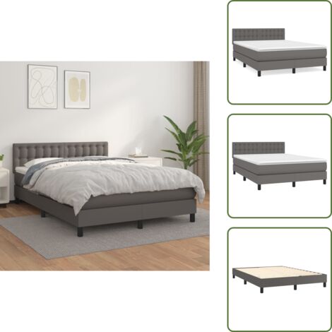 The Living Store Cama box spring con colchón cuero sintético gris 140x190 cm - Colchón de muelles