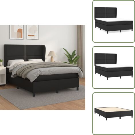 The Living Store Cama box spring con colchón cuero sintético negro 140x190 cm - Colchón de muelles