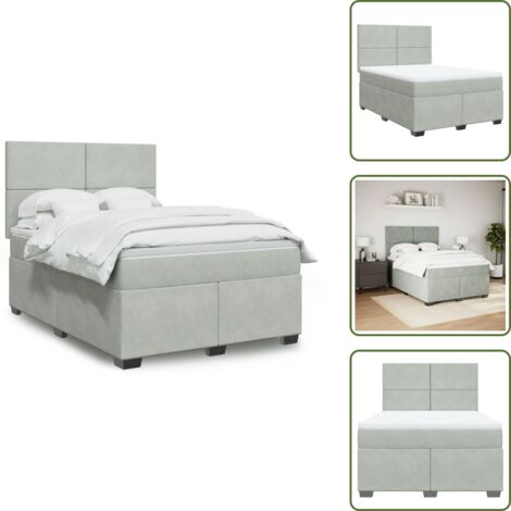 The Living Store Cama box spring con colchón terciopelo gris claro 140x190 cm - Colchón de muelles