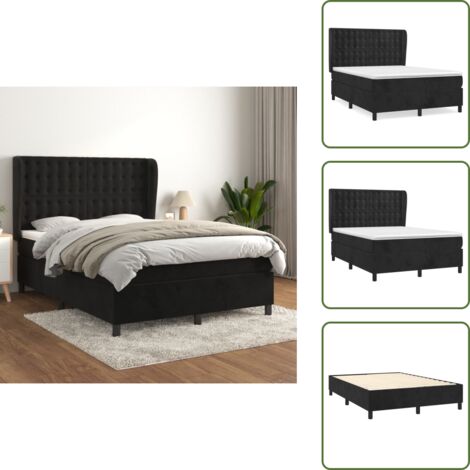 The Living Store Cama box spring con colchón terciopelo negro 140x190 cm - Colchón de muelles