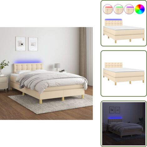 The Living Store Cama box spring con colchón y LED tela crema 120x200 cm - Cama con luz LED