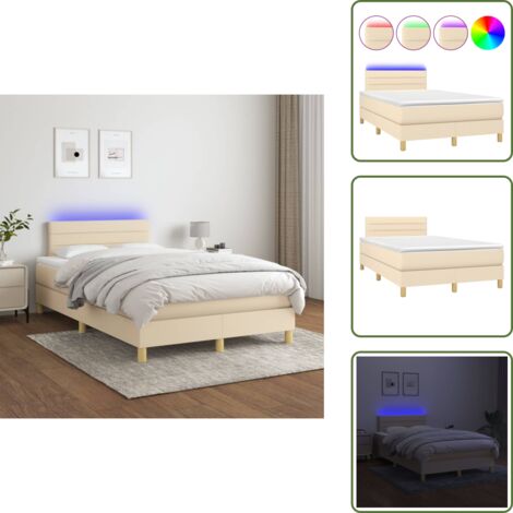 The Living Store Cama box spring con colchón y LED tela crema 120x200 cm - Cama con luz LED