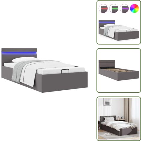 The Living Store Cama canapé hidráulica con LED cuero sintético gris 90x200 cm - Cama con luz LED