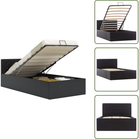 The Living Store Cama canapé hidráulica cuero sintético negro 90x200 cm - Cama con almacenamiento