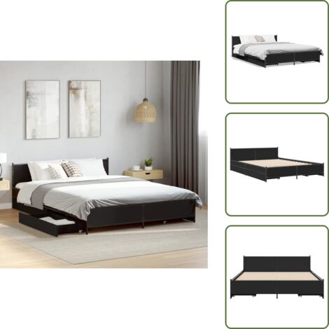 The Living Store Cama con cajones madera de ingeniería negro 135x190 cm - Cama de madera