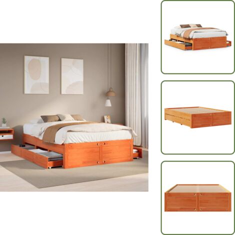 The Living Store Cama con cajones sin colchón madera maciza marrón 150x200 cm - Cama de madera