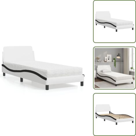 The Living Store Cama con colchón Dover cuero sintético blanco y negro 90x190 cm - Colchón de espuma