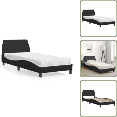 The Living Store Cama con colchón Dover cuero sintético negro 90x190 cm - Colchón de espuma
