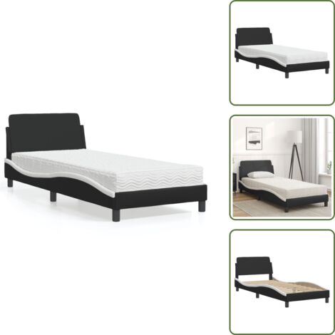 The Living Store Cama con colchón Dover cuero sintético negro y blanco 90x190 cm - Colchón de espuma