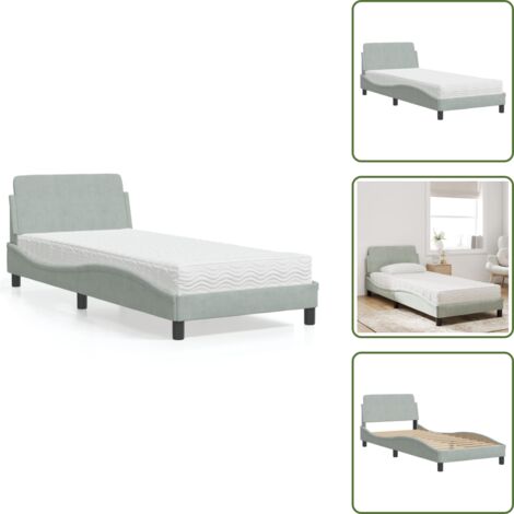 The Living Store Cama con colchón Dover terciopelo gris claro 90x190 cm - Colchón de espuma