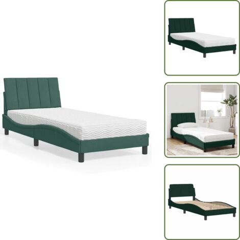 The Living Store Cama con colchón Hanko terciopelo verde oscuro 90x190 cm - Colchón de espuma