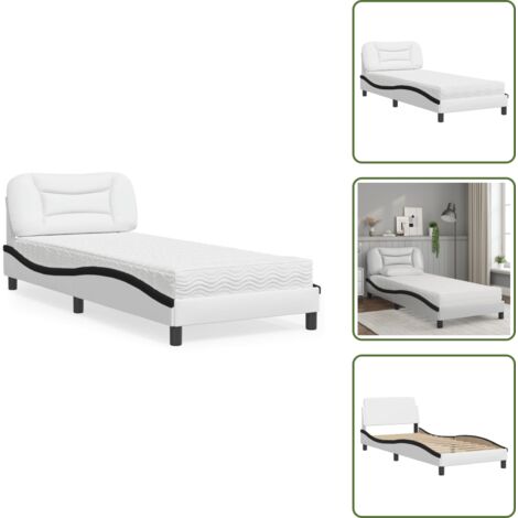 The Living Store Cama con colchón Hvar cuero sintético blanco y negro 90x190 cm - Colchón de espuma