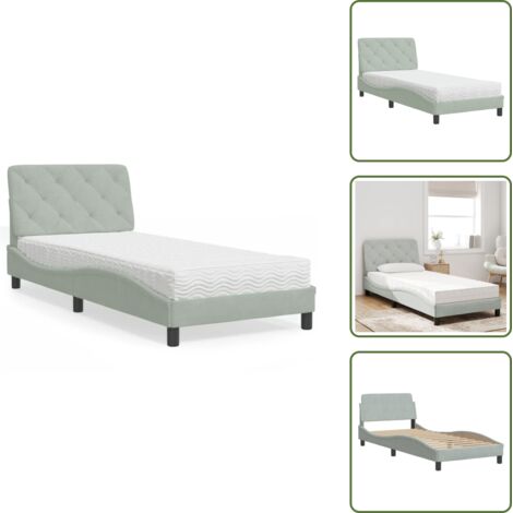 The Living Store Cama con colchón terciopelo gris claro 90x190 cm - Colchón de espuma