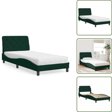 The Living Store Cama con colchón terciopelo verde oscuro 90x190 cm - Colchón de espuma